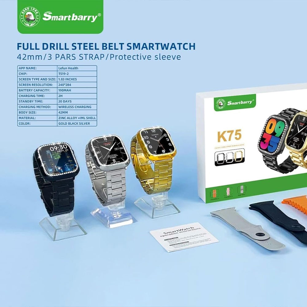 Smartbarry K75 – Montre Connectée 42mm + Étui Diamanté Amovible + 3 Bracelets -noir